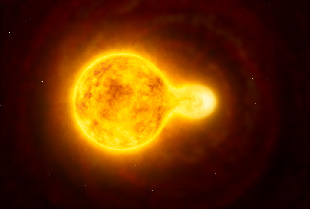 Impresión artística que muestra la estrella hipergigante amarilla HR 5171. Este tipo de estrella es muy escaso, sólo se conocen una docena en nuestra galaxia. Su tamaño es 1300 veces el de nuestro Sol — una de las 10 estrellas más grandes encontradas hasta ahora. Las observaciones con el VLTI de la ESO han mostrado que es en realidad una estrella doble, donde la compañera está en contacto con la estrella principal. (Imagen cortesía de ESO)