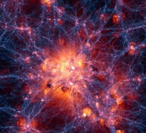 Un gran cúmulo de galaxias — junto con un  denso halo de materia oscura — formado en el centro del Universo simulado.