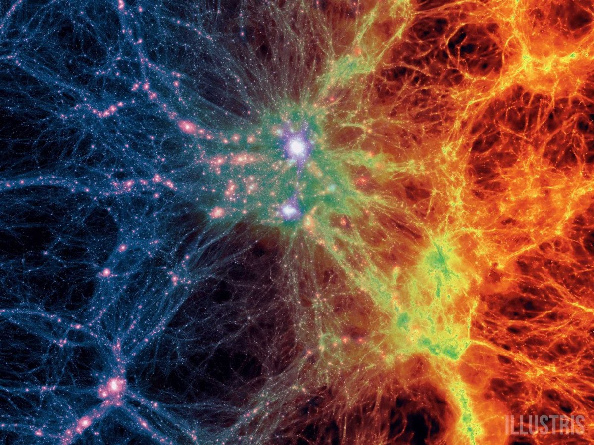 Esta imagen a gran escala del Universo, creada por Illustris, muestra nubes de gas frío donde se forman las estrellas (verde), gas más tibio (azul) y regiones calientes en torno a las galaxias (rojo). Créditos: Illustris.