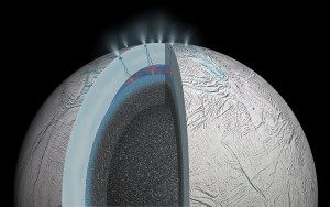 Impresión Artística de la posible actividad hidrotermal en el suelo oceánico de Encélado. Créditos: NASA/JPL-Caltech